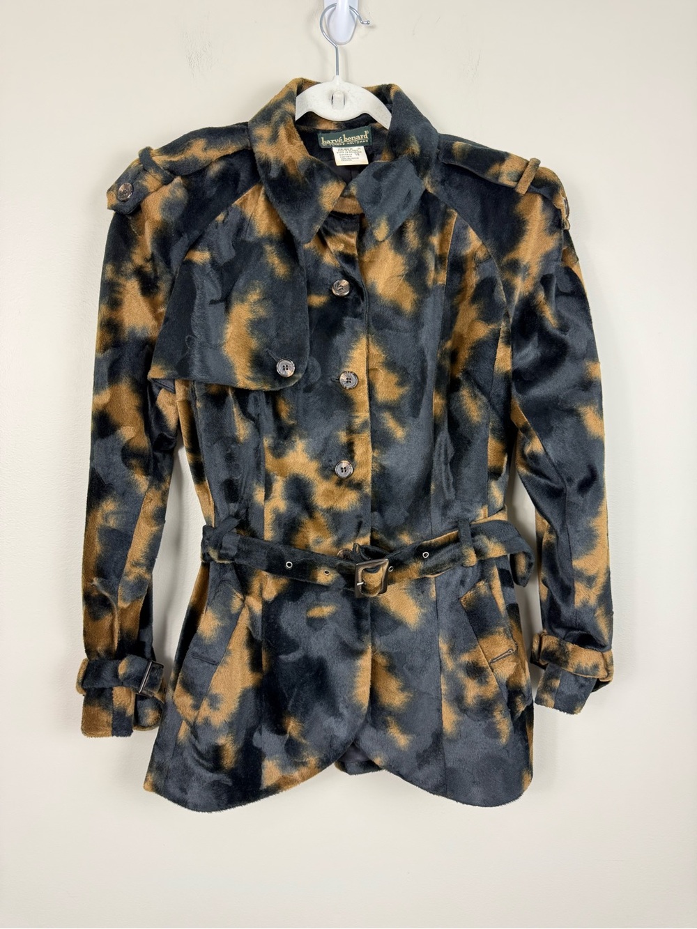 Harve Benard Jacket Womens 10 Animal Print Military Belted Vintage Brown Black